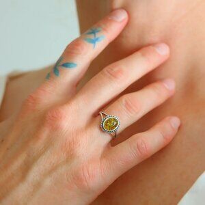 Amber Ring - Green Baltic Amber Oval Cut Ring in 925 Sterling Silver